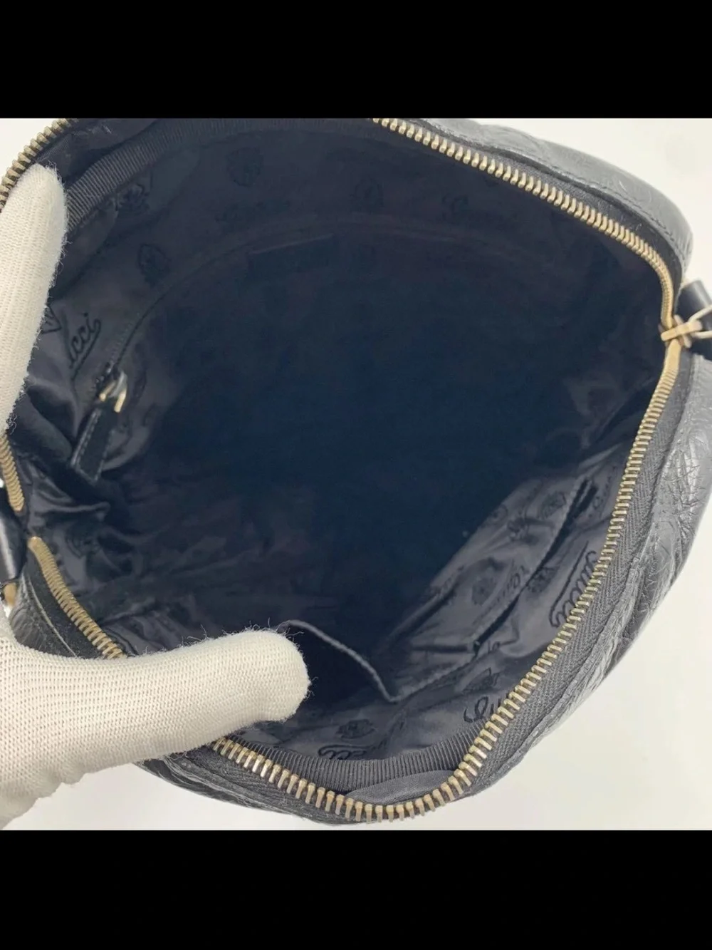 Gucci Black Embossed Leather Messenger Bag with Gold Hardware